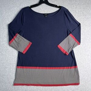 Talbots Pullover Top Women's Petite Large Lp 3/4‎ Sleeve Parquet Pattern Navy
